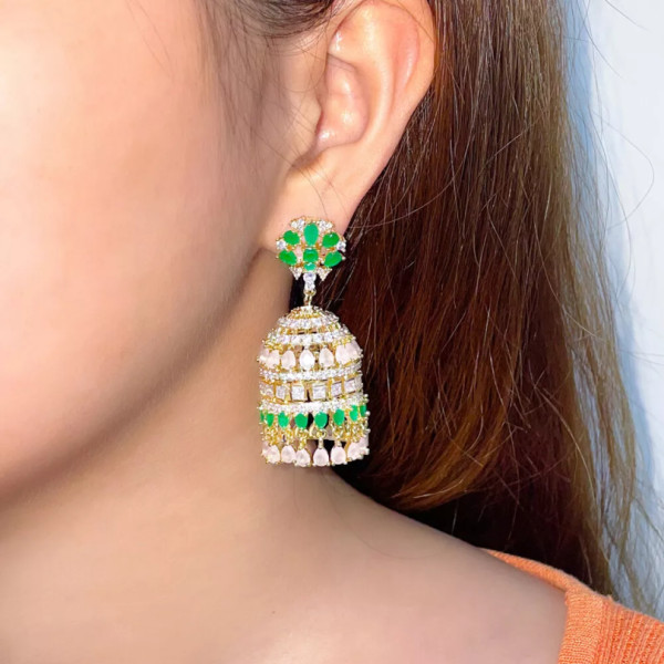 Vivid Yellow Gold Plated CZ Green Bridal Long Round Crystal Bell Dangle Earrings