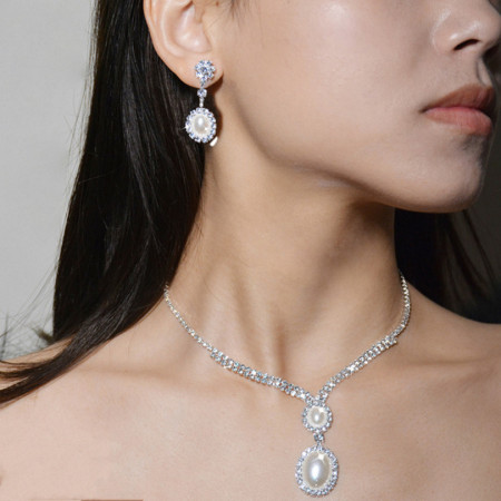 Elegant Oval Pearl Rhinestone Drop Earrings Necklace Jewelry Sets