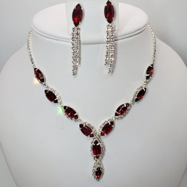 Red Rhinestone Necklace and Earrings Set