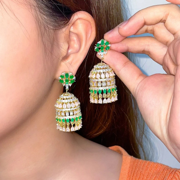 ThreeGraces Bohemian Green Cubic Zirconia Jhumka  Earrings