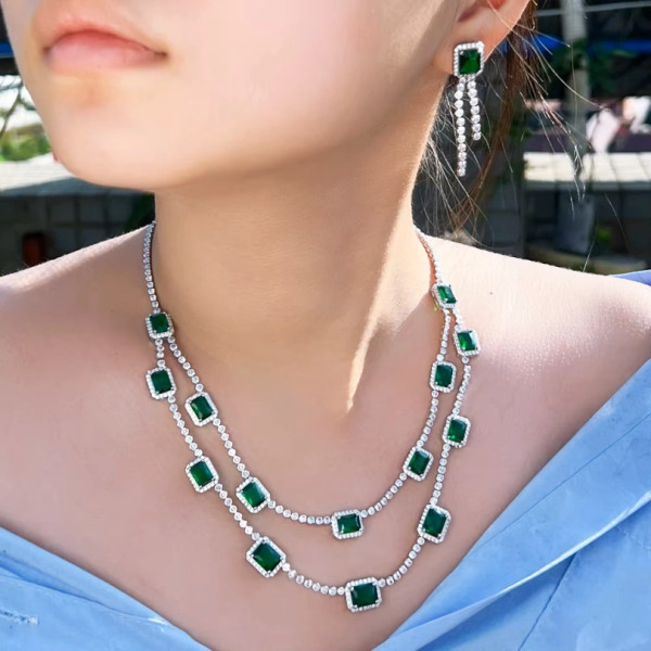 Luxury Green Square Cubic Zircon Double Layer Necklace and Earrings, Wedding Bridal Jewelry Sets,