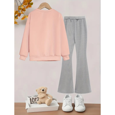 2pcs Trendy Girls Pullover Sweatshirt & Flared Pants Co Ord Set, Chic Stylish Comfy Spring Fall