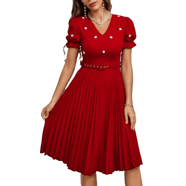 Elegant V Neck A Line Dress Short Sleeve Red Women's Dresses (Women's) XS