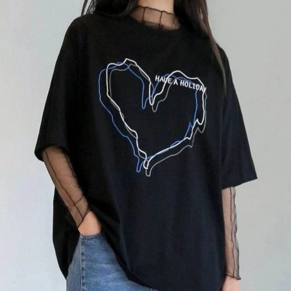 Happy Bird - Elbow-Sleeve Round Neck Heart Print T-Shirt