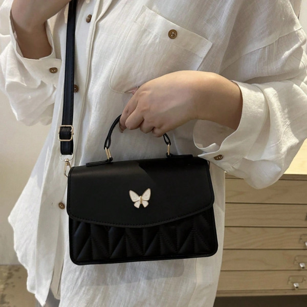 Butterfly Black Quilted Pattern Square Bag