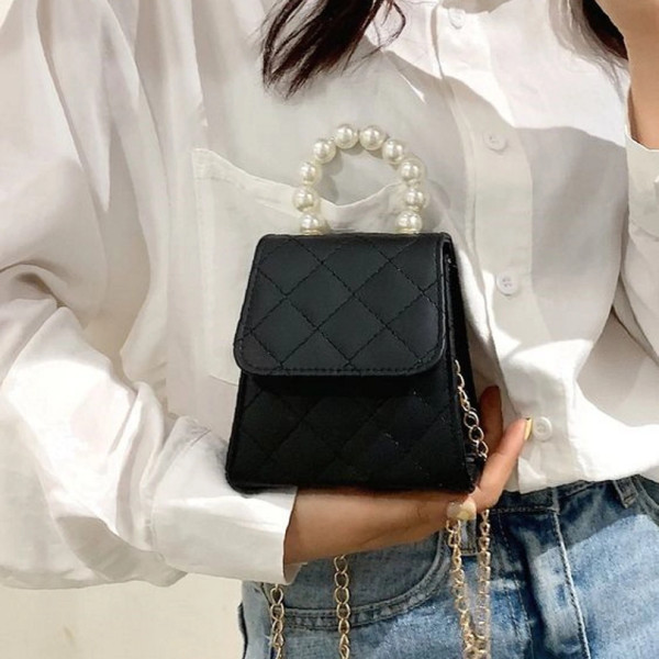 Matt Black Mini Pearl Beaded Chain Bag