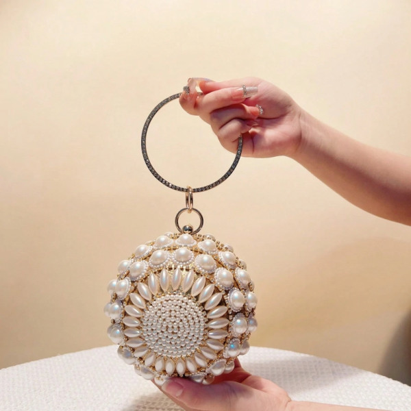 Luxury Women Handbag, Designer Round Ball Evening Clutch, Pearl Purse, Bridal Silver Crystal