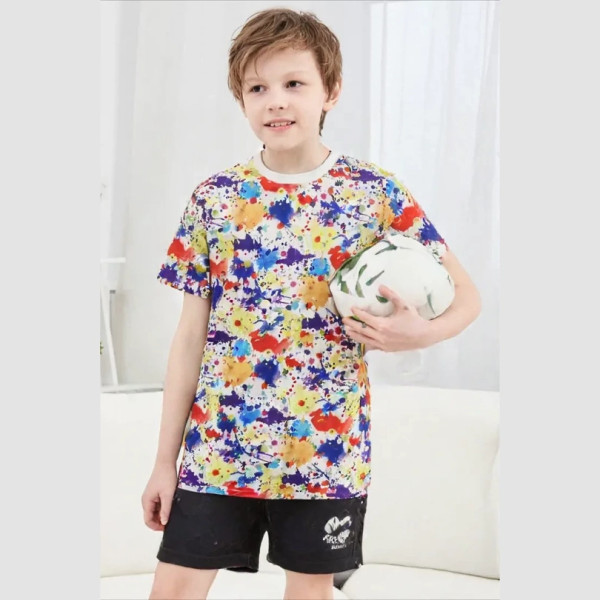Boy's  Artful Abstract Round -Neck Print Scrub Top