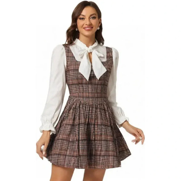 Women Casual Dress Girlcore Plaid Sleeve 2 in 1 Dress Midi Dress