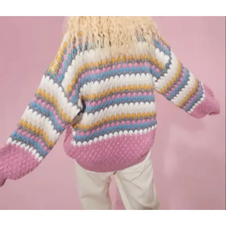 Colorful Stripes Pink Sweet Knitted Pullover Sweater Light Ripe Girl Jacket Mixed Color Knitted