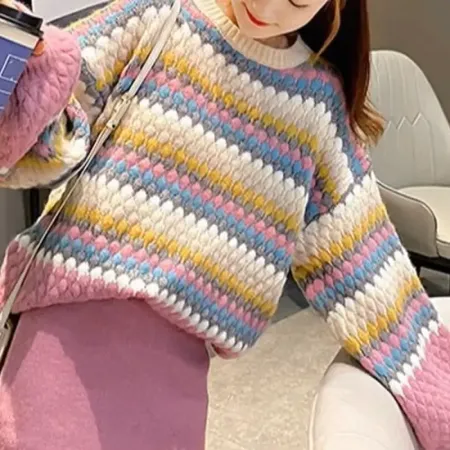 Colorful Stripes Pink Sweet Knitted Pullover Sweater Light Ripe Girl Jacket Mixed Color Knitted