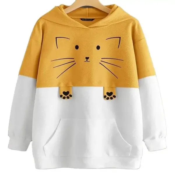 Cat Print Kangaroo Pocket Two Tone Hooded Sweatshirt