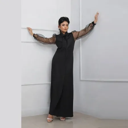 Elegant Black Willow Collared Gown with Sequins & Puff Sleeves