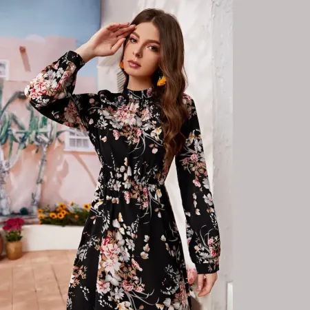 Women's Clothing Dot Print Long Dress, Ruffle Hem Round Neck Long Sleeve Elastic Waist A-Line Dress Women's Clothing Dot Print Long Dress, Ruffle Hem Round Neck Long Sleeve Elastic Waist A-Line Dress