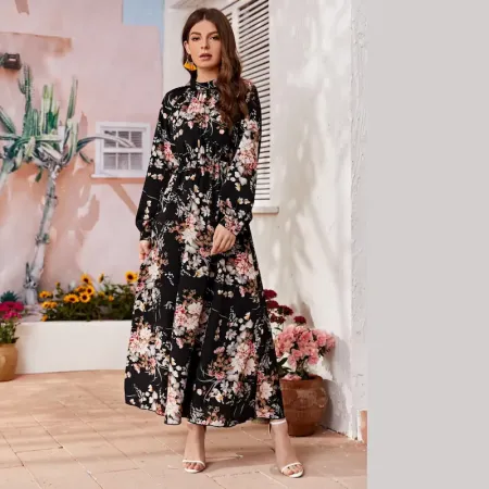 Women's Clothing Dot Print Long Dress, Ruffle Hem Round Neck Long Sleeve Elastic Waist A-Line Dress Women's Clothing Dot Print Long Dress, Ruffle Hem Round Neck Long Sleeve Elastic Waist A-Line Dress