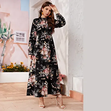 Women's Clothing Dot Print Long Dress, Ruffle Hem Round Neck Long Sleeve Elastic Waist A-Line Dress Women's Clothing Dot Print Long Dress, Ruffle Hem Round Neck Long Sleeve Elastic Waist A-Line Dress