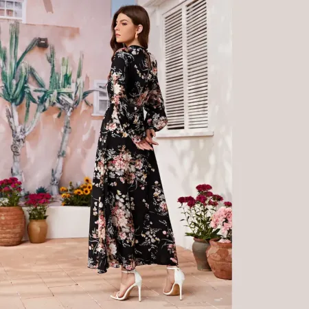 Women's Clothing Dot Print Long Dress, Ruffle Hem Round Neck Long Sleeve Elastic Waist A-Line Dress Women's Clothing Dot Print Long Dress, Ruffle Hem Round Neck Long Sleeve Elastic Waist A-Line Dress