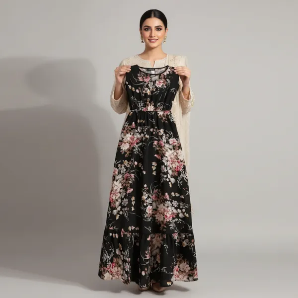 Women's Clothing Dot Print Long Dress, Ruffle Hem Round Neck Long Sleeve Elastic Waist A-Line Dress