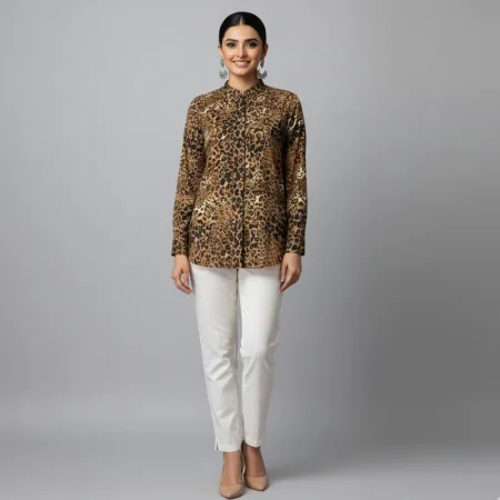Chic Leopard Print Satin Shirt for Women | Long Sleeve, Regular Fit
