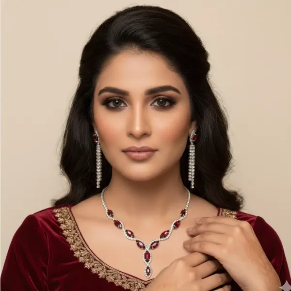 Red Rhinestone Necklace and Earrings Set