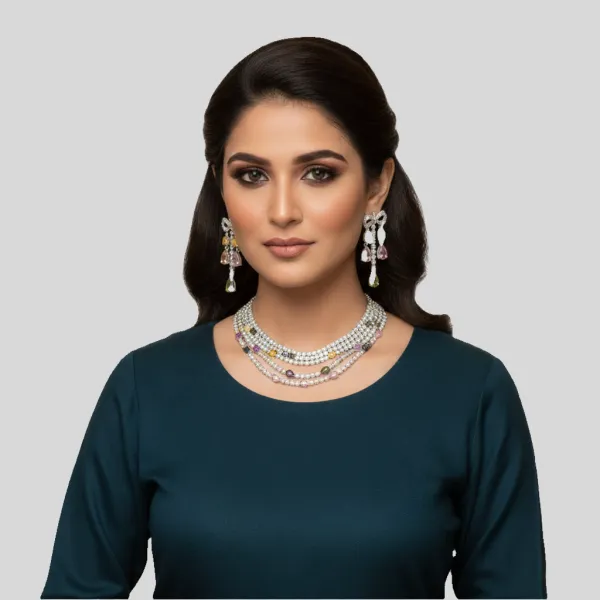 Party Luxury White Gold Plated 3 Layer Cubic Zirconia Water Drop Earrings and Necklace Jewelry Set for Women