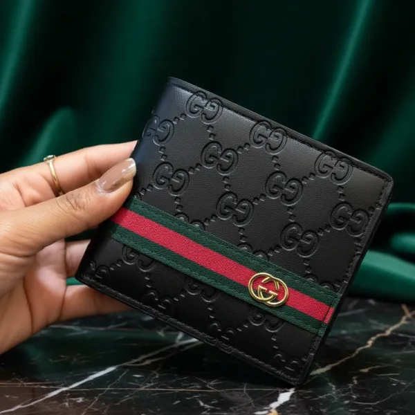 Gucci Premium Leather Bi-Fold Wallet | Signature Web Stripe & GG Monogram
