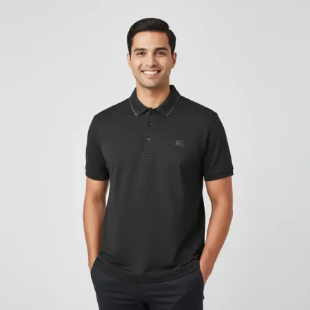Burberry Men's Slim Fit Black Polo Shirt | Cotton Piqué |  Icon Stripe Collar | Size M