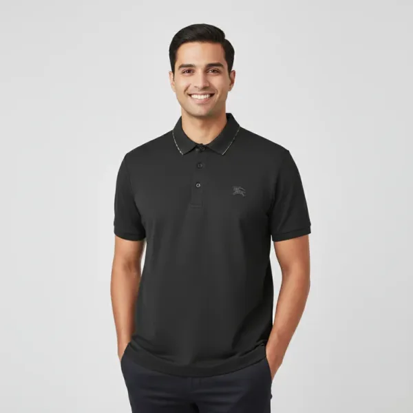 Burberry Men's Slim Fit Black Polo Shirt | Cotton Piqué |  Icon Stripe Collar | Size M