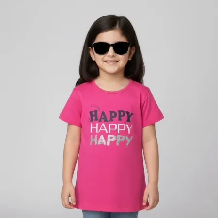 Kids Girl Happy Pink T-Shirt | 100% Cotton, Short Sleeve, Reflective Print