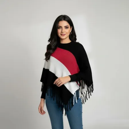 ZARA Women's Striped Knit Poncho with Fringe Detail - Elegant Turtleneck, Soft Cashmere Feel Winter Poncho / Sweater Coat