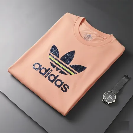 Adidas Originals Women's Sequin Trefoil T-Shirt - Peach Pink Cotton Jersey Adidas Originals Women's Sequin Trefoil T-Shirt - Peach Pink Cotton Jersey