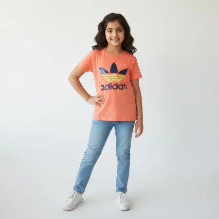 Adidas Originals Women's Sequin Trefoil T-Shirt - Peach Pink Cotton Jersey Adidas Originals Women's Sequin Trefoil T-Shirt - Peach Pink Cotton Jersey