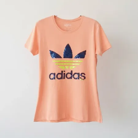 Adidas Originals Women's Sequin Trefoil T-Shirt - Peach Pink Cotton Jersey