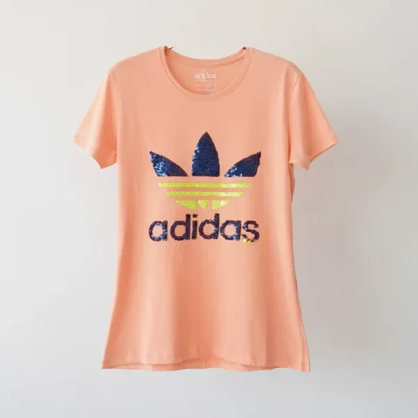 Adidas Originals Women's Sequin Trefoil T-Shirt - Peach Pink Cotton Jersey