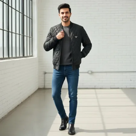 Slim Fit Lightweight Quilted Bomber Jacket for Men - Black