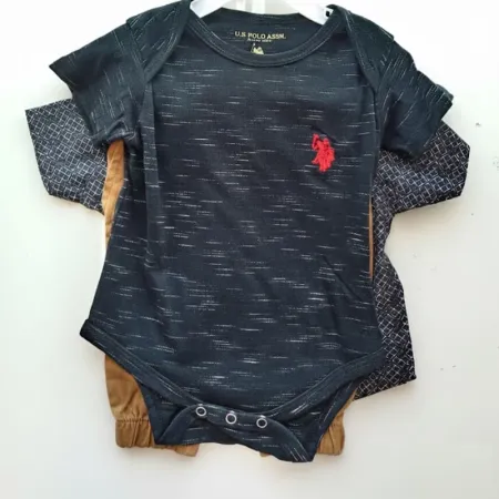 U.S. POLO ASSN. 3-Piece Kids' Outfit Set (Shirt, Romper & Shorts) - 100% Cotton, 1-2 Years