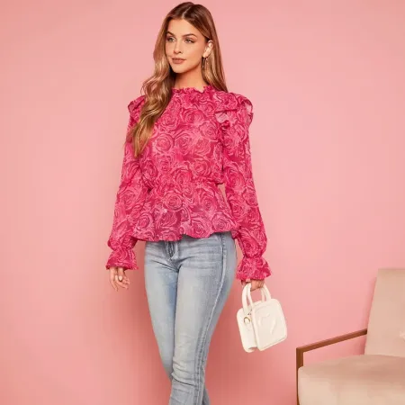 Girls Unity Floral Print Ruffle Trim Flounce Sleeve Peplum Blouse