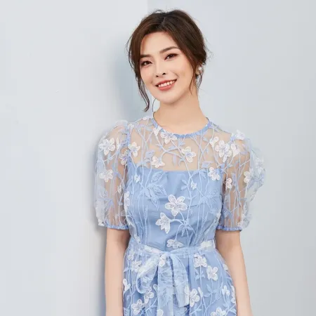 Unity Floral Mesh Panel Surplice Neck Puff Sleeve Dress