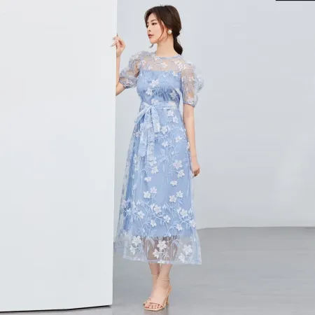 Unity Floral Mesh Panel Surplice Neck Puff Sleeve Dress Unity Floral Mesh Panel Surplice Neck Puff Sleeve Dress