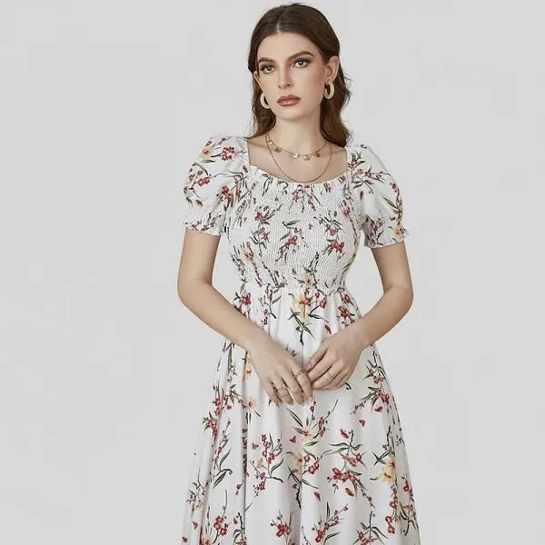 Women's Boho Dress Floral Square Neck Short Sleeve Shirred A-line Dress Short Sleeve Dress