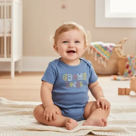 Unisex New Born Baby Short-Sleeve Bodysuit in Navy Blue with a White Star Polka Dot