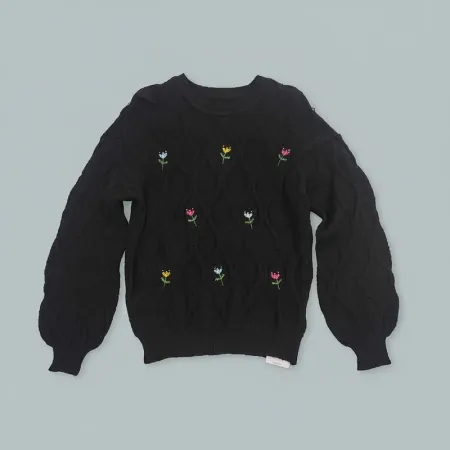 Women's Crew Neck Cable Knit Embroidered Sweater - Black Women's Crew Neck Cable Knit Embroidered Sweater - Black