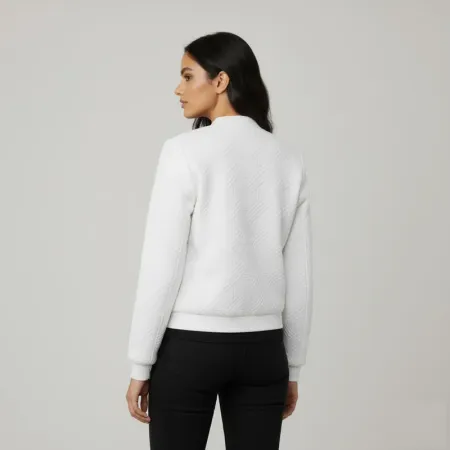 White Textured Bomber Jacket For Women