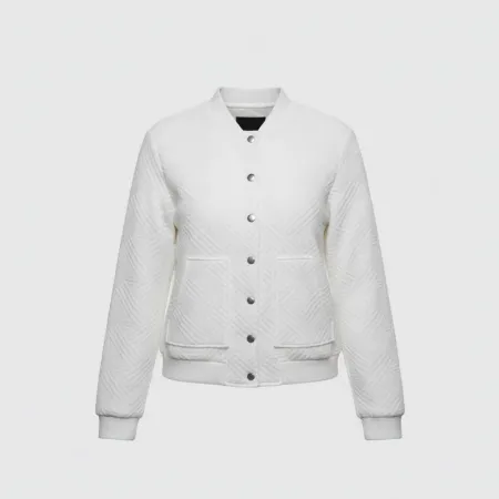 White Textured Bomber Jacket For Women