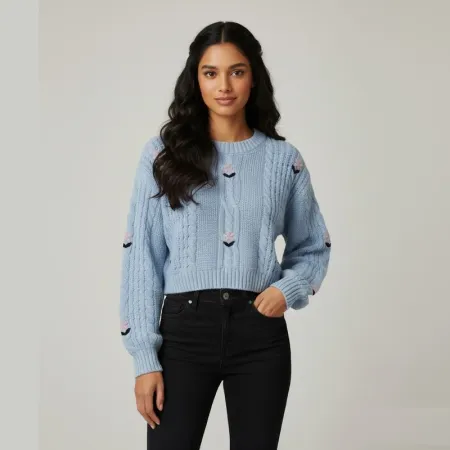 Women's Powder Blue Cable Knit Embroidered Sweater Women's Powder Blue Cable Knit Embroidered Sweater