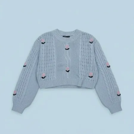 Women's Powder Blue Cable Knit Embroidered Sweater Women's Powder Blue Cable Knit Embroidered Sweater