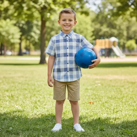 GAP Kids Textured Blue & White Check Short-Sleeve Shirt