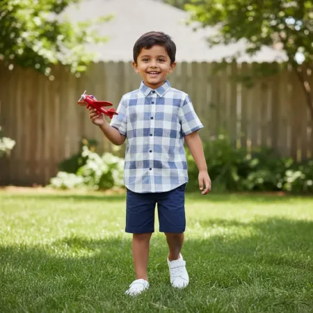 GAP Kids Textured Blue & White Check Short-Sleeve Shirt