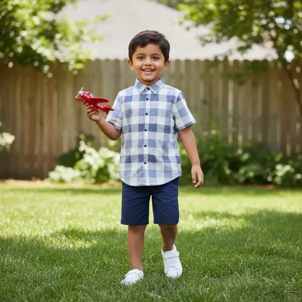 GAP Kids Textured Blue & White Check Short-Sleeve Shirt