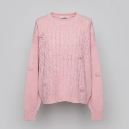 Women Imported Shein Light Pink Cable Knitted Sweater with 3D Flowers